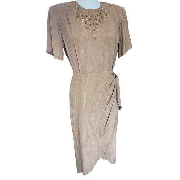 Vintage 80's Metal Beaded Studded Wrap Skirt Tulip Hem Tan Dress NWT size 11/12 - Picture 8 of 11